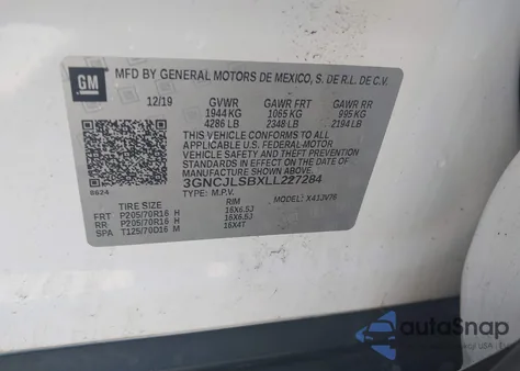 2020 Chevrolet Trax Fwd Lt из США, поврежденный, VIN 3GNCJLSBXLL227284